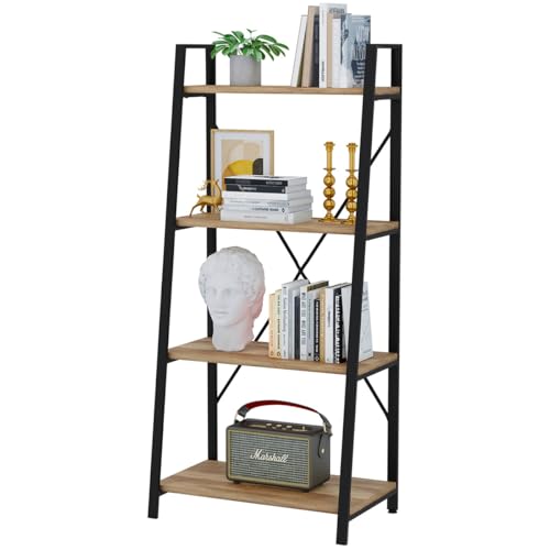 Farmhouse Ladder Shelf Bookcase, 4 Tier Rustic Ladder Bookshelf, Standing Leaning Book Shelves for Living Room (Vintage Oak) - color: Vintage Oak, size: 4-Tier