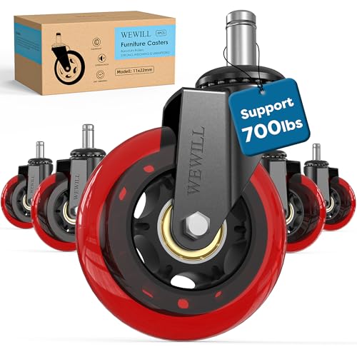 WEWILL Office Chair Wheels - Rubber Casters Replacement Universal Fit 98% Chair(Set of 5) Heavy Duty 3 Inch Smoothly & Quietly Safe for All Floor, Hardwood, Tile, Carpet, Noise Free - Red - color: Red