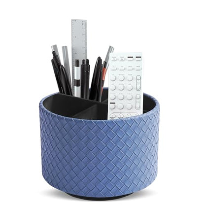 Round Leather Art Supply Organizer,Remote Control Holder,360 Degree Spinning,Multi-Functional Pencil Holder,4 Compartments Desktop Stationary Organizer(1-Weave Blue) - color: 1-Weave Blue