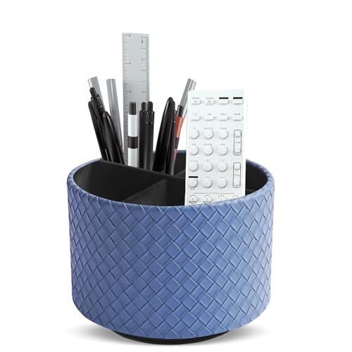 Round Leather Art Supply Organizer,Remote Control Holder,360 Degree Spinning,Multi-Functional Pencil Holder,4 Compartments Desktop Stationary Organizer(1-Weave Blue) - color: 1-Weave Blue