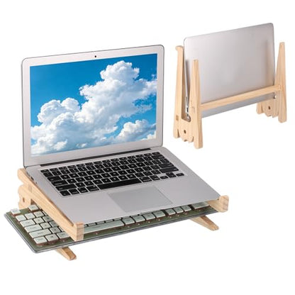 PATIKIL Wooden Laptop Stand, 1 Pack Dual-Use Laptop Stand Vertical Sturdy Pine Wood Anti-Slip Ventilated Space-Saving Notebook Riser for 13-18 Inch Desk Tablets, Koi-Shaped - size: 13-18 Inch
