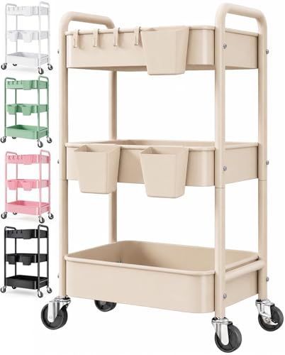 3 Tier Beige Rolling Storage Cart Metal on Wheels, Cream Three Tiered Diaper Caddy with Wheels,Utility Organizer Trolley for Nursery,Postpartum,Art,Craft,Khaki Roller Bedside Carts for Baby Essentials - color: Gentle‌ Beige, size: 3 Tier + Cups + Hooks