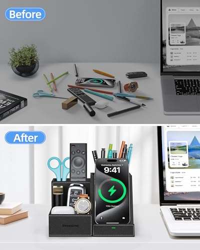 Wireless Charger with Desk Organizer, 3 Compartments and 1 Phone Stand - color: Black