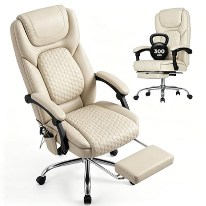 MALOL 300 lbs Massage Office Chair, Big and Tall Desk Chair with 3-Level Heat and Footrest, PU Leather Ergonomic Executive Computer Chair with Side Pocket, Beige - color: Beige, size: Set of 1, style: Classic