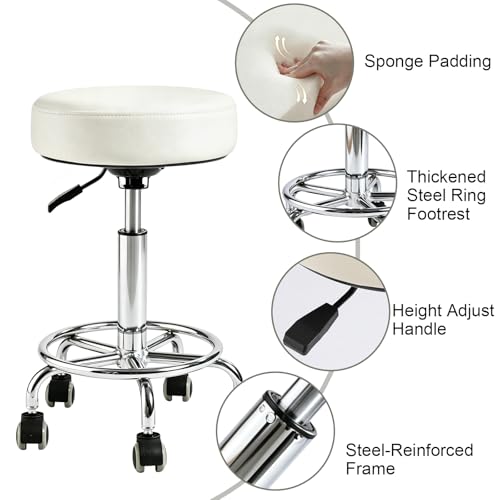 Rolling Stool with Wheels, Comfort Cushion Professional Swivel Drafting Stool, Height Adjustable Heavy Duty 500 lb Stool with Silent Casters and Foot Ring for Salon Tattoo Clinic Home Office, White - color: White