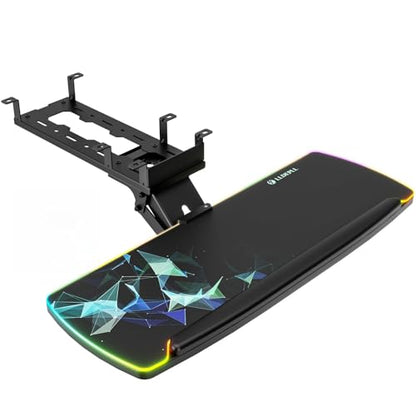 Keyboard Tray Under Desk with Storage Drawer, Height Adjustable Keyboard Tray Slide Out 360° Swivel Tilt, Ergonomic Under Desk Mount Keyboard & Mouse Pad Lighting for Gaming Home Office - size: 28” Length with lighting