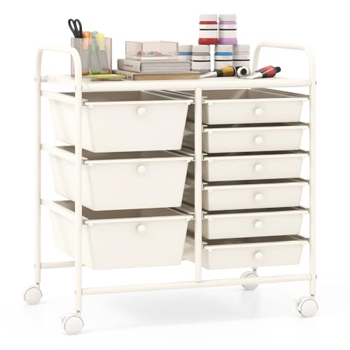 Giantex 9 Drawers Rolling Cart, Classroom Organizers, Storage Cart with Wheels, for Teacher Office Home School Supplies Tool Craft Art Paper, Ivory - color: Ivory, size: 9 Drawers (3 Big +6 Small)
