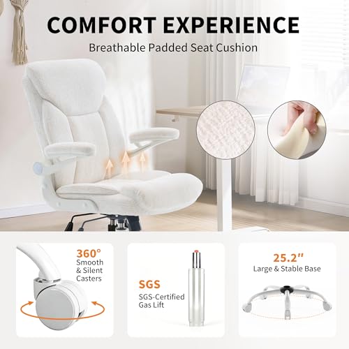 Ergonomic Home Office Chair Fabric Comfy Computer Chair, White | Flip-up Armrest, Height Adjustable, Lumbar Support, 360° Swivel Wheels Managerial Executive Chairs for Work Gaming Home Use - color: White