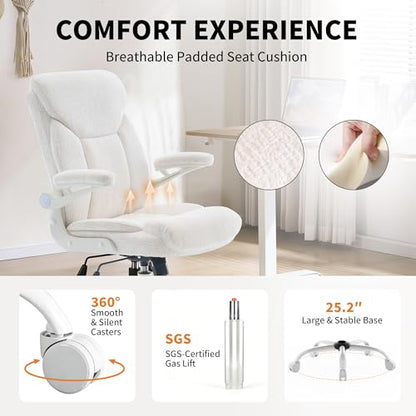 Ergonomic Home Office Chair Fabric Comfy Computer Chair, White | Flip-up Armrest, Height Adjustable, Lumbar Support, 360° Swivel Wheels Managerial Executive Chairs for Work Gaming Home Use - color: White