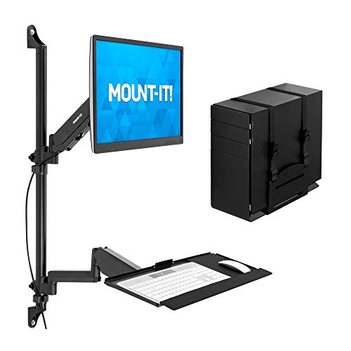 Mount-It! Single Monitor Arm Wall Mount Workstation with Keyboard Tray & CPU Holder, Height Adjustable Gas Spring Full Motion Computer Station, Fits 17–32” VESA 75x75 100x100, Black - size: Single Monitor