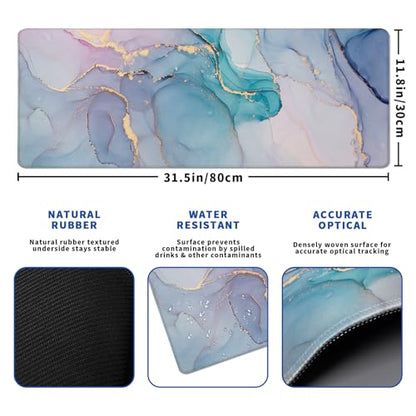 Teal Marble Mouse Pad Abstract Marble Mouse Pad 31.5x11.8 Inch Texture Non-Slip Rubber Base Large Mousepad Stitched Edges Keyboard Mouse Mat Desk Pad for Office and Home - color: Teal Marble