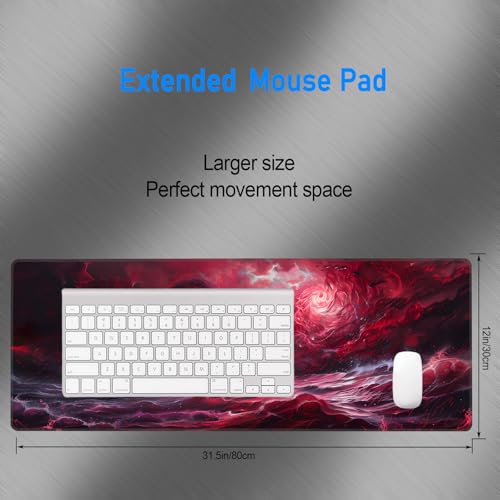Large Red Cool Gaming Mouse Pad,Wave Abstract Art Desk Mat,31.5x12in | XL Extended Dark Style Blood Moon Scarlet Sea E-sports Keyboard Mat with Stitched Edges for Men,80 x 30 cm - color: Red Abstract Art