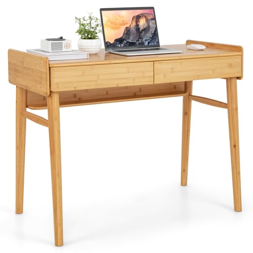 Tangkula Bamboo Mid Century Desk with 2 Storage Drawers, Home Office Study Writing Desk with Shelf & Cable Management Groove, Home Office Desk for Working & Learning (Natural) - color: Natural