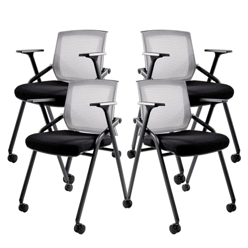 Conference Room Chairs, Folding Office Desk Chair with Lumbar Support and Sliding Armrest with Casters, Stackable Office Guest Chairs & Reception Chairs(4 Pack) - color: Grey, size: 4 Pack