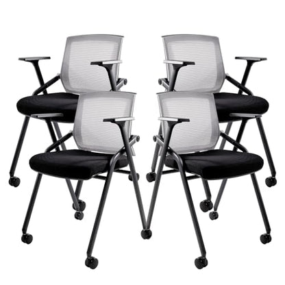 Conference Room Chairs, Folding Office Desk Chair with Lumbar Support and Sliding Armrest with Casters, Stackable Office Guest Chairs & Reception Chairs(4 Pack) - color: Grey, size: 4 Pack