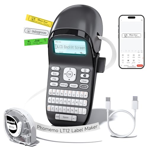 Phomemo Label Maker Machine with Tape LT12, QWERTY Keyboard Label Makers | Rechargeable, Bluetooth Handheld Labeler for Home, Office, Outdoor, Gray