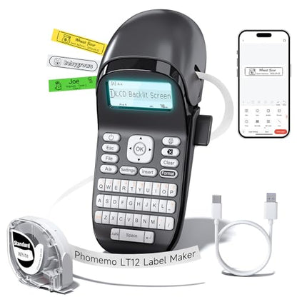 Phomemo Label Maker Machine with Tape LT12, QWERTY Keyboard Label Makers | Rechargeable, Bluetooth Handheld Labeler for Home, Office, Outdoor, Gray