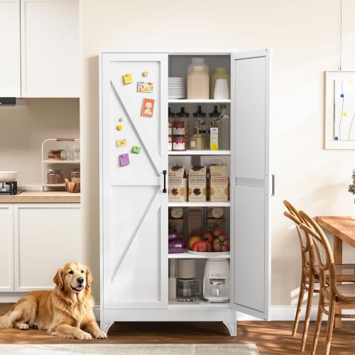 Metal Storage Cabinet with Doors and 4 Adjustable Shelves - 75" White Kitchen Pantry Storage,4-Tier Tall Steel Cabinet Locker for Kitchen,Living Room,Dining Room - color: White, size: 75"- 4 Adjustable Shelves