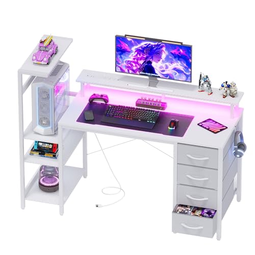 51in Gaming Computer Desk with Drawers & Power Outlet & LED Lights, White - color: White, size: 51''