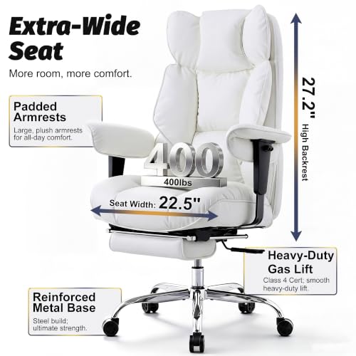 Efomao Executive Office Chair 400lbs,White Big and Tall Desk Chair | Mattress-grade pocket spring cushion, sleek leather, 135° recline & footrest for computer gaming setup. - color: 3084p-white