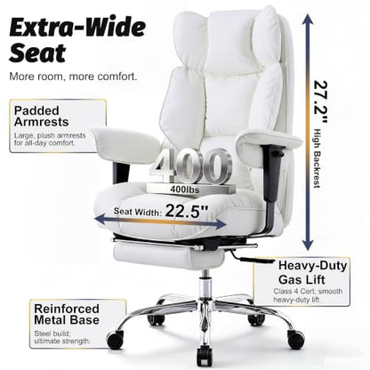Efomao Executive Office Chair 400lbs,White Big and Tall Desk Chair | Mattress-grade pocket spring cushion, sleek leather, 135° recline & footrest for computer gaming setup. - color: 3084p-white