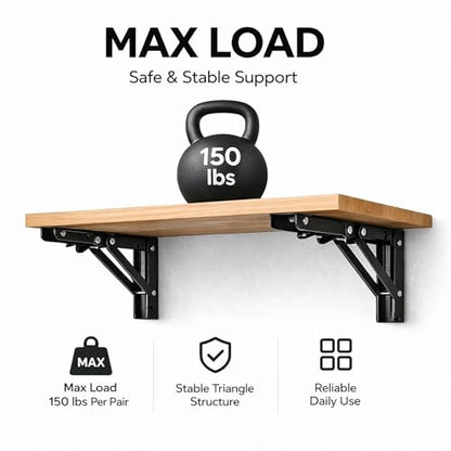 16 Inch Folding Shelf Brackets, Heavy Duty Metal Shelf Bracket Pair, Space Saving Fold Down Bracket for Wall Mounted Table, Garage, Kitchen, Laundry Room, Black, 2 Pack - size: 16 Inch