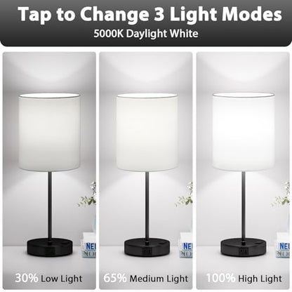 White Black Touch Lamps for Bedroom Set of 2, Dimmable, USB C+A, AC Outlet | Large 17.6" Tall Lamp, 3-Way Dimming, 5000K Daylight Bulbs, White Lampshade Black Base, for Living Room, Boys, Men, Girls - color: White - Black