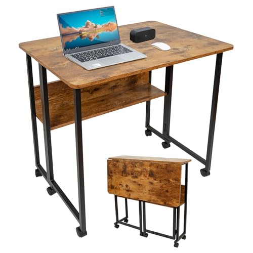 Mobile Foldable Desk w/Wheels and Feet Pads, Foldable Computer Desk, Folding Desk, Small Computer Desk for Small Spaces, Folding Table for Office Bedroom Living Room-Rustic Brown - color: Brown Folding Table