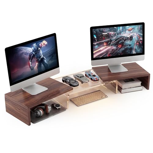 High-Clarity Dual Monitor Riser, Desk Organizer for Computer Monitor, Acrylic Monitor Riser with Keyboard Storage, Adjustable Angle & Length Computer Monitor Stand Walnut Look - color: Walnut, size: 38 in - Keyboard Storage