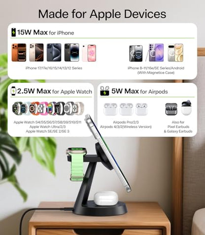 3 in 1 Magnetic Charging Station for iPhone 17-12 Series, iWatch &AirPods | 15W Wireless Charger Compatible with MagSafe, for Multiple Apple Devices, QC Adapter Included, Built-in Heat Dissipation - size: 15W Max for Phone