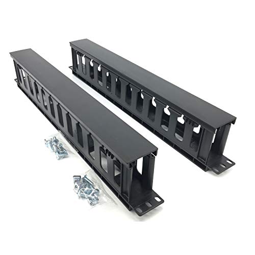2 Pack 1U 19 inches Plastic Cable Manager with Cover 12 Slots | Horizontal Rack Mount Organizer with M6 Screws and Cage Nuts (PCMB12S2PC)