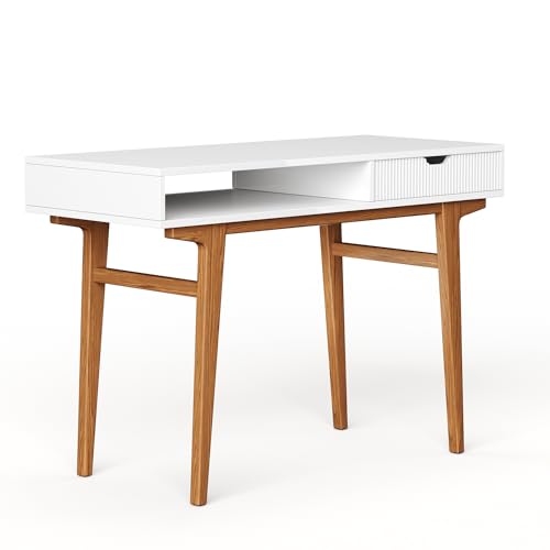 White Computer Desk with Drawers - 45 inch Minimalist Small Solid Wood Mid-Century Modern Office Desk for Home - Boho Style Writing Table with Open Storage,Light Wooden Desk Workspace