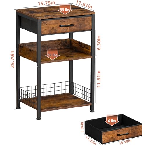 Lerliuo End Table with Fabric Drawer,3 Tier Industrial Wood Side Table with Storage,Modern Tall Printer Stand,Vintage Brown Nightstand,Rustic Bedside Tables for Living Room Bedroom Small Spaces | Fixed-leg three-tier printer stand with fabric drawer and t