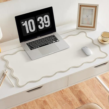 Scalloped Desk Mat, 31.5" x 15.7", PU Leather, Waterproof Anti-Slip, Cute Aesthetic Desk Pad for Office/Home/Game/Vanity (Beige, 31.5" x 15.7") - color: Beige