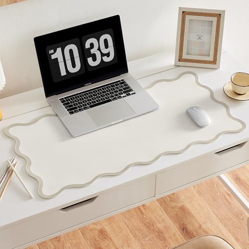 Scalloped Desk Mat, 31.5" x 15.7", PU Leather, Waterproof Anti-Slip, Cute Aesthetic Desk Pad for Office/Home/Game/Vanity (Beige, 31.5" x 15.7") - color: Beige