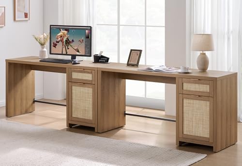 SICOTAS Executive Desk with Large Cabinet, Drawer, Rattan Home Office Desk | 59" Boho Farmhouse Computer Table Vanity Desk for Home Office, Study, Living Room, Dining Room - size: 2 Pieces