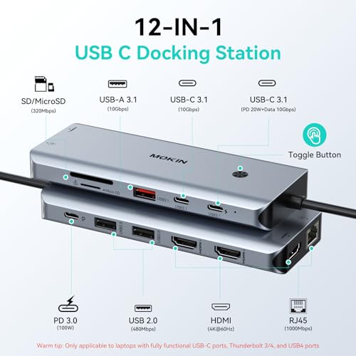 MOKiN USB C Docking Station 3 Monitors,3 HDMI 4K@60Hz Triple Display Hub
