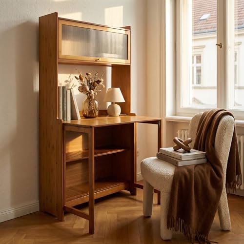 Folding Desk with Storage, Bamboo Foldable Computer Desk for Small Spaces, Small Writing Desk with Shelves for Bedroom Dorm Home Office