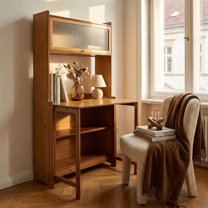 Folding Desk with Storage, Bamboo Foldable Computer Desk for Small Spaces, Small Writing Desk with Shelves for Bedroom Dorm Home Office