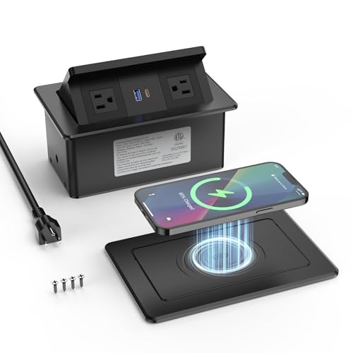 QBA Pop up Power Outlet with 15W Wireless Charger, Recessed Power Strip with USB-C PD 20W, 2 Outlets, Desk Charging Station for Conference Room Kitchen Countertop, ETL Listed - color: Black