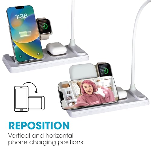 OttLite LED Desk Lamp with Multi-Device Wireless Charging Station, White | Smartwatch Charging Stand | 3 Color Temperature Modes | Flexible Neck | ClearSun LEDs Reduce Eyestrain