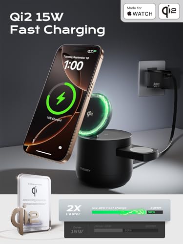 4 in 1 Qi2 Magnetic Wireless Charging Station, 15W Fast Charger with Made for Apple Watch Charging Module, for iPhone 17–12 Series & AirPods, 65W Adapter Included - color: Black