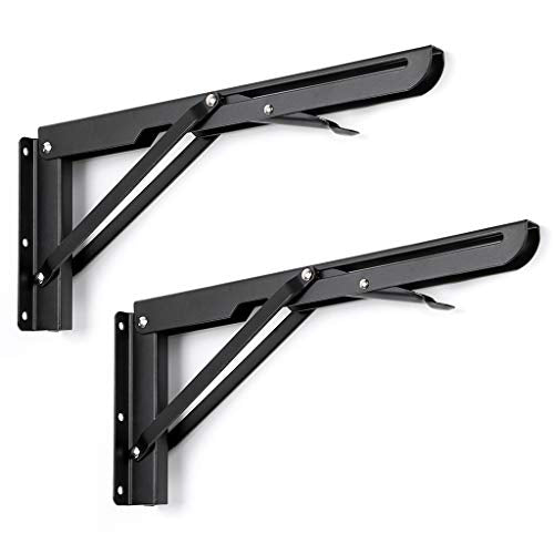 Sumnacon Sturdy Folding Shelf Brackets - Heavy Duty Metal Triangle Table Bench Folding Shelf Brackets, 2 Pcs Folding Shelf Hinge Wall Mounted (12 Inch, Black) - color: Black, size: 12 Inch