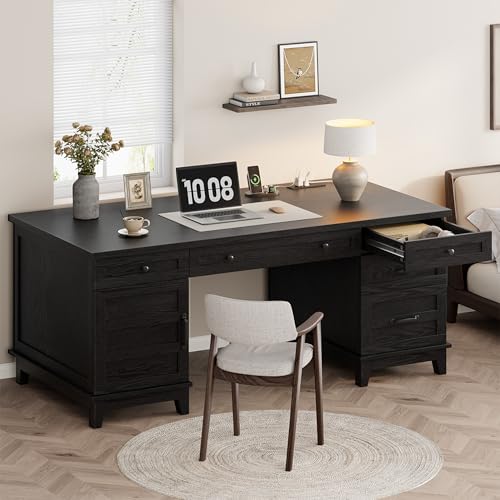 Garvee 60" Wooden Home Office Desk with File Drawers, Executive Desk with Adjustable Cabinet, Farmhouse Wood Desk with Power Outlet, Distressed Study and Work Table, Rustic Black - color: Rustic Black, size: 60" W