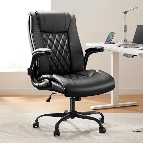 Marsail Executive Office Chair with Flip-up Armrests,PU Leather Ergonomic Desk Chair Height-Adjustable Swivel Rolling Desk Chair (Dark) - color: Dark