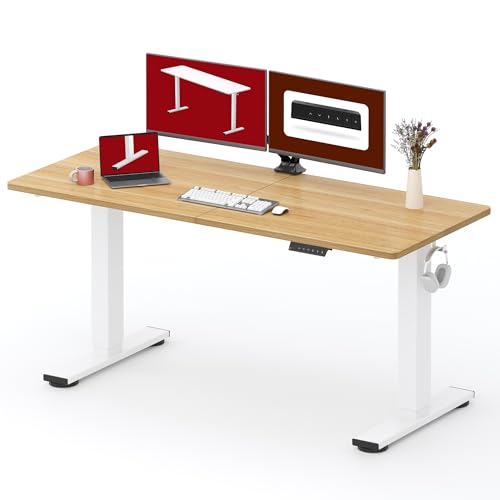 SANODESK 63''x24'' Height Adjustable Electric Standing Desk for Home Office | Sit Stand Desk with Splice Board for Home Office, Ergonomic Computer Workstation, Study & Gaming, White Frame/Maple Top - color: White Frame+ Maple Top, size: 63x24
