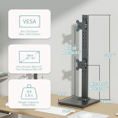Suptek Dual Monitor Stand Vertical Stack Free-Standing Riser | Fits Two Screen Max 36" & One Screen Max 43", Swivel, Tilt, Height Adjustable, 50, 75 and 100mm Vesa, Base Stand - size: 13-43in(single)/13-36in(dual)