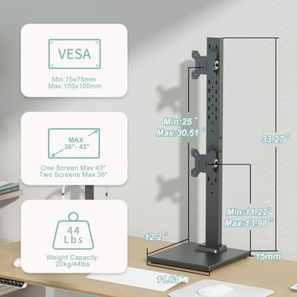 Suptek Dual Monitor Stand Vertical Stack Free-Standing Riser | Fits Two Screen Max 36" & One Screen Max 43", Swivel, Tilt, Height Adjustable, 50, 75 and 100mm Vesa, Base Stand - size: 13-43in(single)/13-36in(dual)