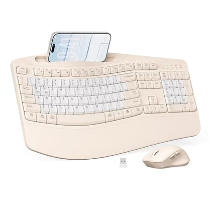 Wireless Keyboard and Mouse Combo, Ergonomic Wave Keys(Milk Tea-B) - color: Milk Tea-B