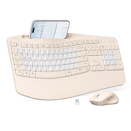 Wireless Keyboard and Mouse Combo, Ergonomic Wave Keys(Milk Tea-B) - color: Milk Tea-B